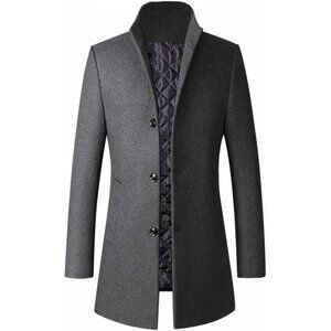 Men's Gray-fleece Trench Coat Coat Single Breasted Business Overcoat